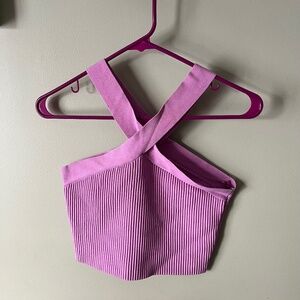 SWEATER-KNIT CRISSCROSS CROP TOP/Pink/M/L